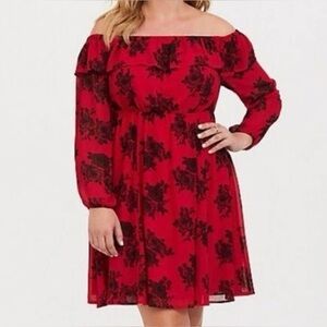 Torrid  Chiffon Red Black Floral On/Off Shoulder Skater Mini Lined Dress Size 4X